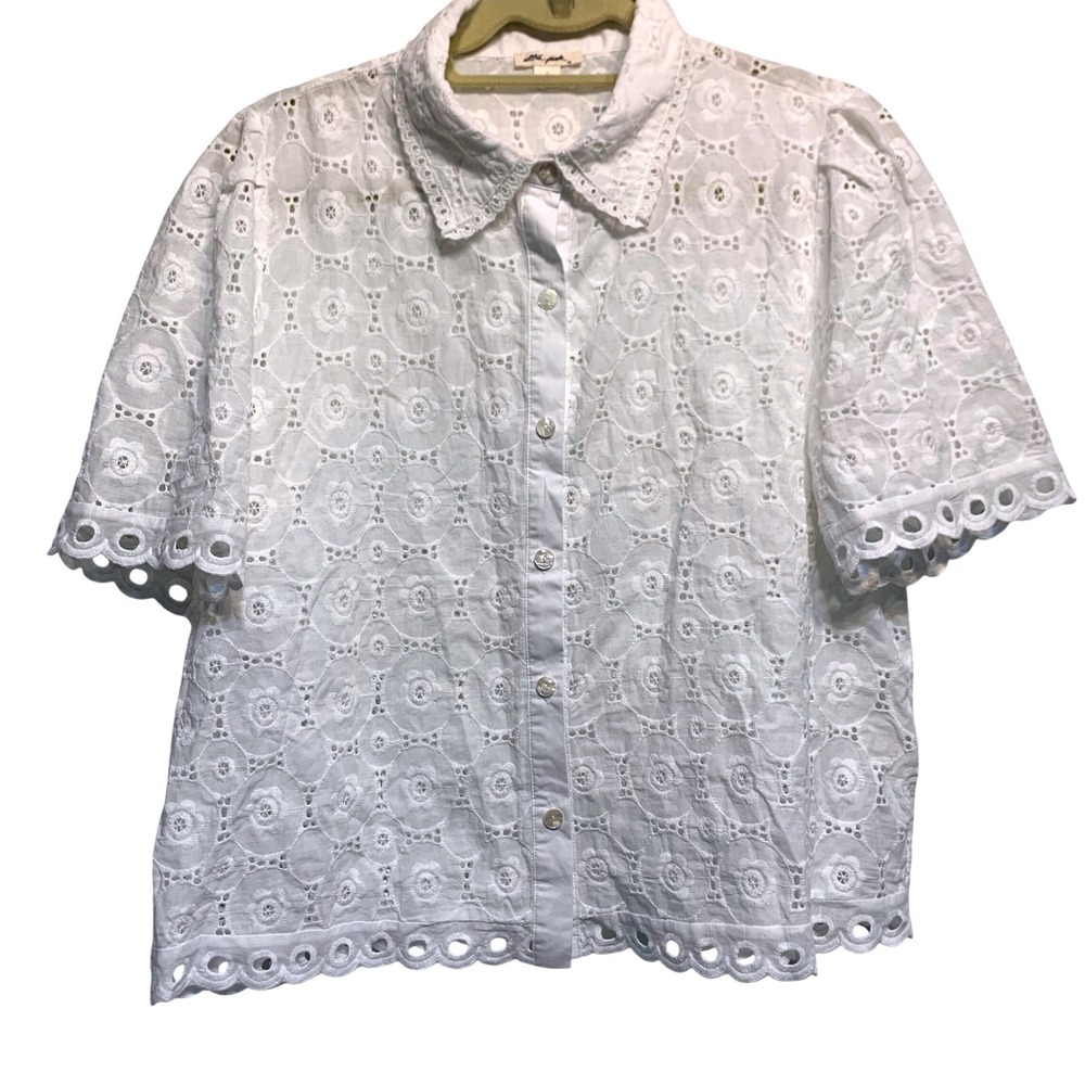 Ultra Pink Eyelet Button Down Top Size L White Floral Cotton Scalloped Hem Boho